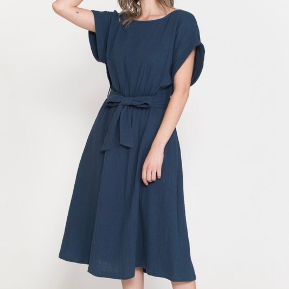 Icebird Blue Spruce Cotton Wide Sleeve Comfy MIDI Dress with Pockets Tie Front
